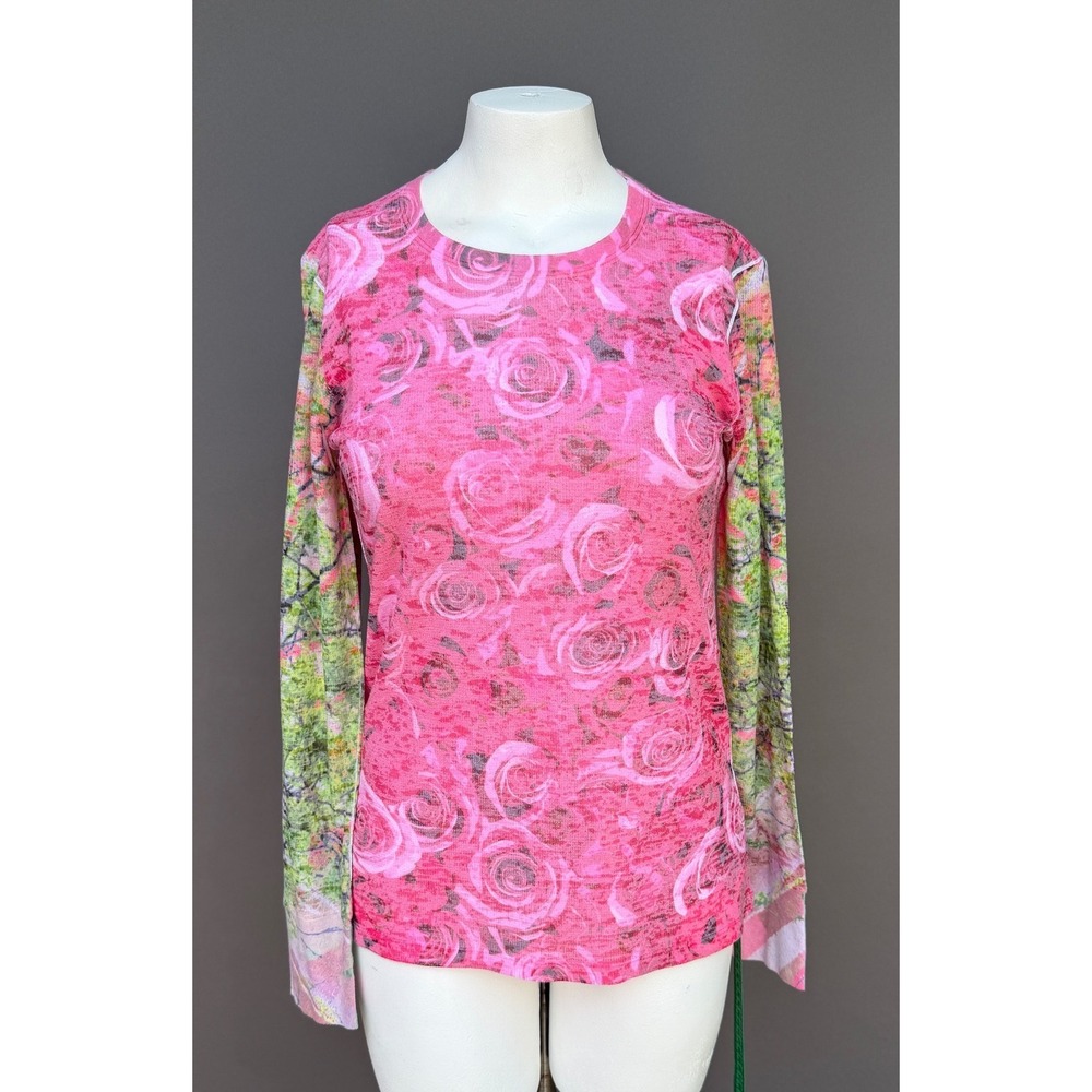 Whimsy Rose Pink Floral Knit Top Waffle Large Botanical Long Sleeve Cottagecore - Picture 13 of 13
